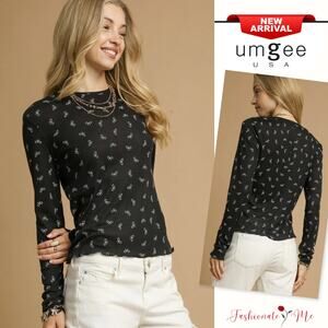 Umgee Bow Print Lettuce Hem Round Neck Long Sleeves Lightweight Knit Top | Black